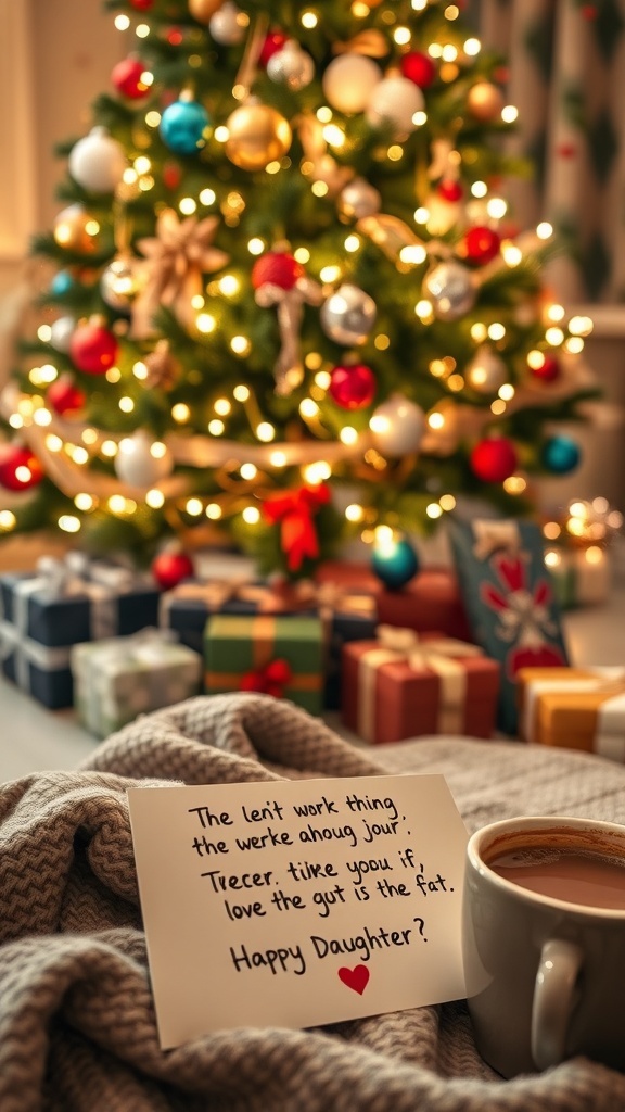A festive Christmas scene with a decorated tree, gifts, and a heartfelt card for a daughter.